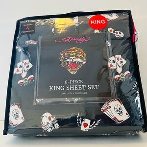 Ed Hardy 6 Piece King Size Sheet Set Lucky Skulls Dice Playing Cards